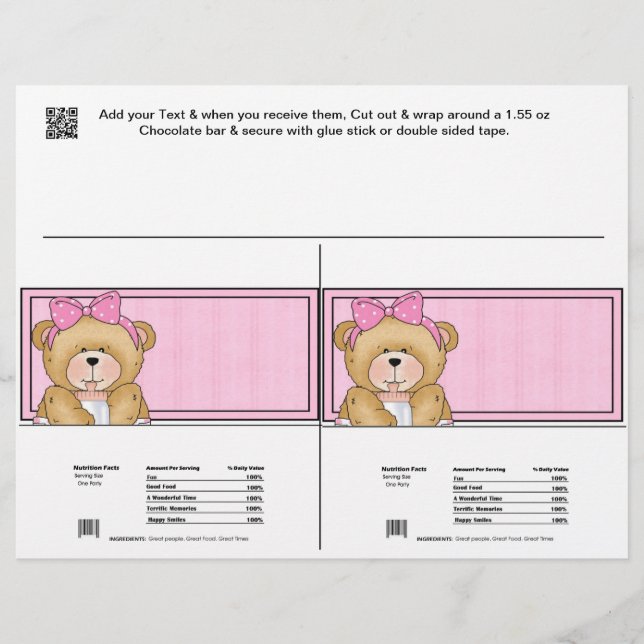 2 Baby Bear Shower Candy Bar Wrappers Party Favour (Front)