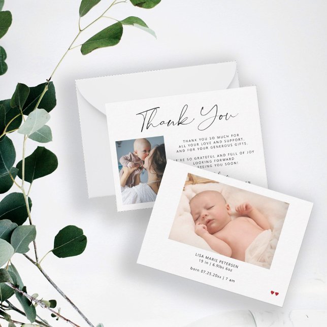 2 baby photos simple elegant script thank you card (This is a MINI CARD - Available in bigger sizes)