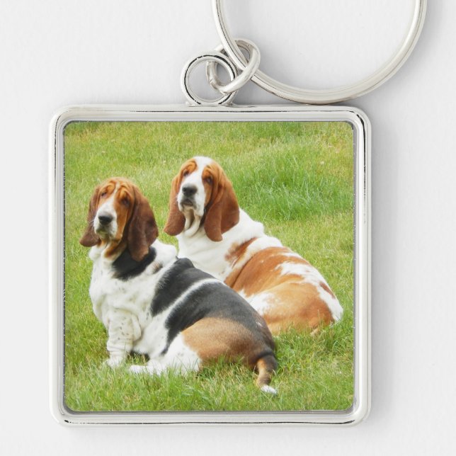 2 Basset Hounds on Large Premium Square Keychain (Front)