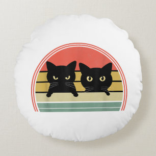 2 Black Cats Peeking Vintage Retro Cat Animal Love Round Cushion