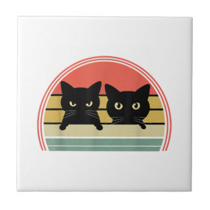 2 Black Cats Peeking Vintage Retro Cat Animal Love Tile