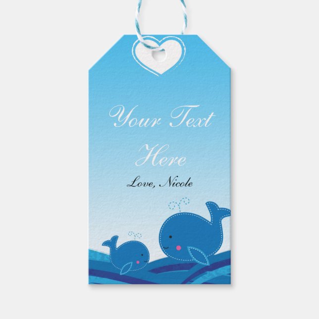 2 Blue Whales Baby Shower Party Gift Tag (Front)