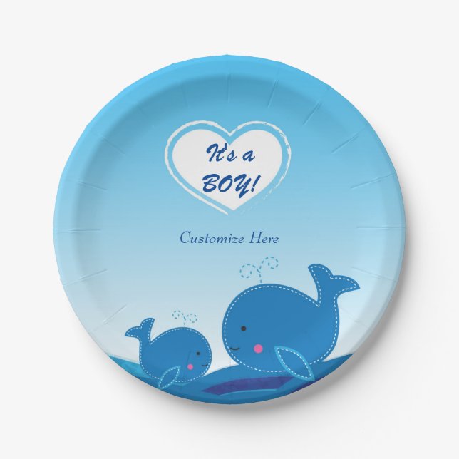 2 Blue Whales Baby Shower Party Plates (Front)