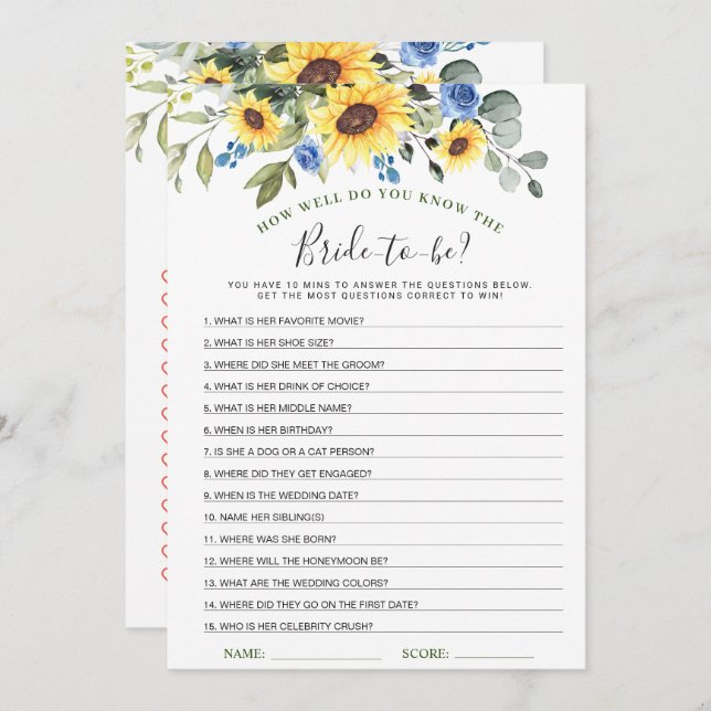 2 Bridal Shower Games Sunflowers Eucalyptus Card (Front/Back)