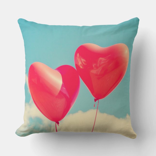 2 Bright Red Heart Shaped balloons Floating Upward Cushion (Front)