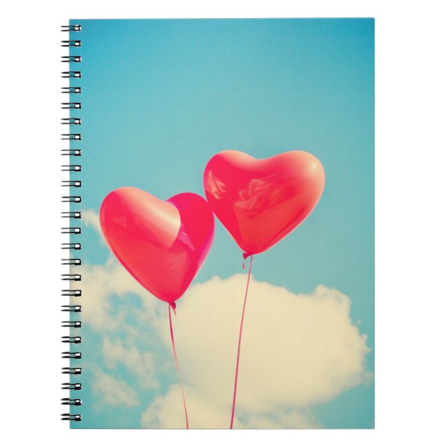 2 Bright Red Heart Shaped balloons Floating Upward Spiral Notebook (Front)