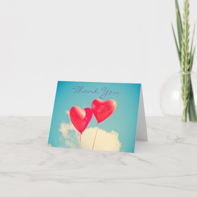 2 Bright Red Heart Shaped Balloons Thank You Card (Front)