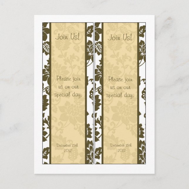 2 Brown/Creme Floral Damask Wedding Bookmarks Postcard (Front)