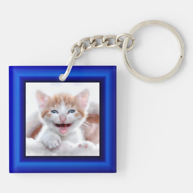 2 Cat Photo Blue Border Key Ring (Back)