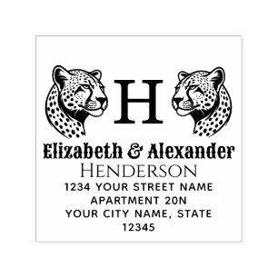 2 Cheetah Head SQ Couple Name Init Return Address Self-inking Stamp