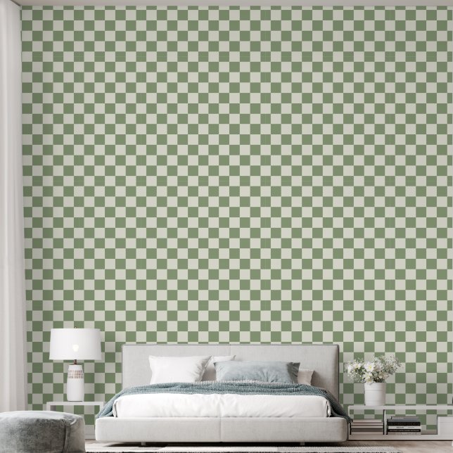2" Chequerboard Sage Green & Ivory White Wallpaper (Bedroom)