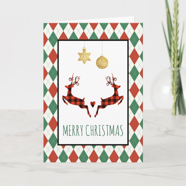 2 Christmas Deer Jumping Rustic Style Holiday Card (Front)
