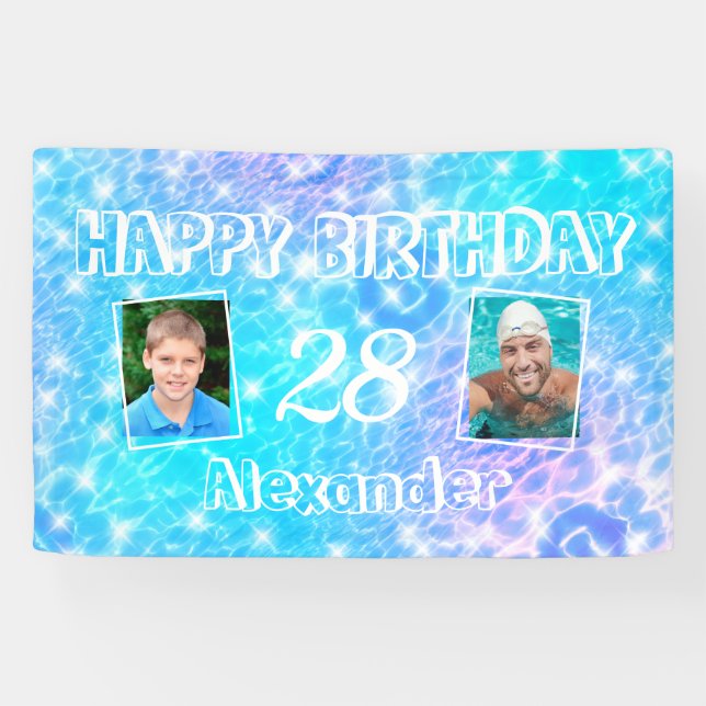 2 custom photos Pool birthday party water ripples Banner (Horizontal)