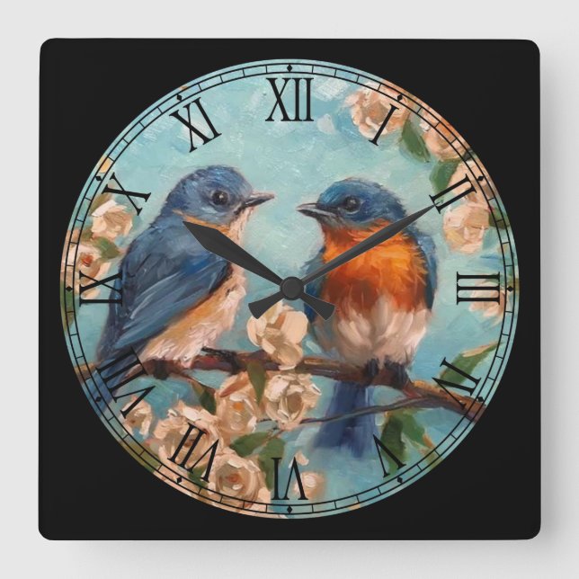 2 Cute Birds on a Branch Fine Art Roman Numeral Square Wall Clock (Front)