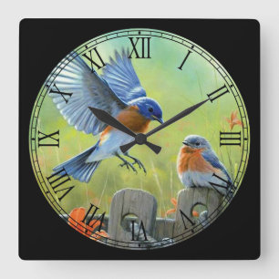 2 Cute Birds Playing Fine Art Roman Numeral Square Wall Clock