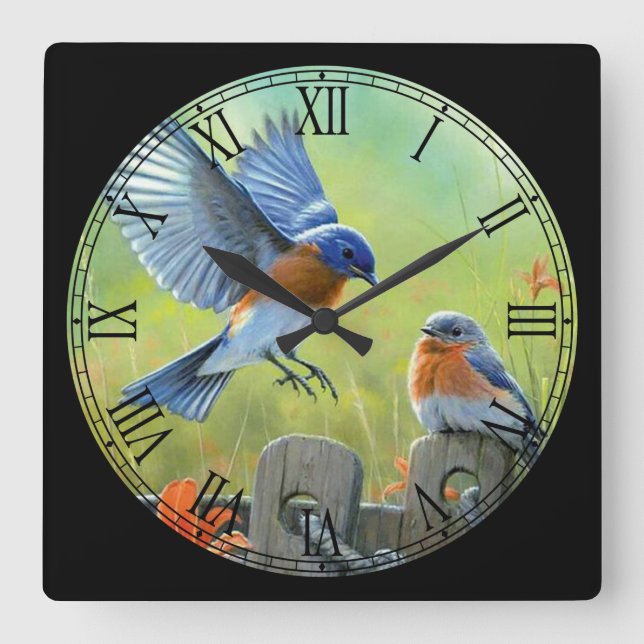 2 Cute Birds Playing Fine Art Roman Numeral Square Wall Clock (Front)