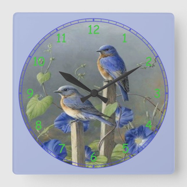 2 Cute Blue Birds on Posts Square Wall Clock (Front)