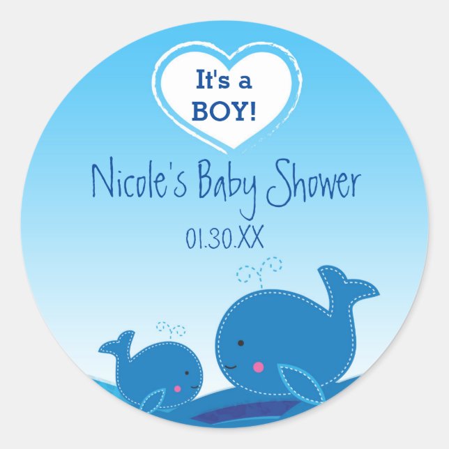 2 Cute Blue Whales Baby Shower Favour Stickers (Front)