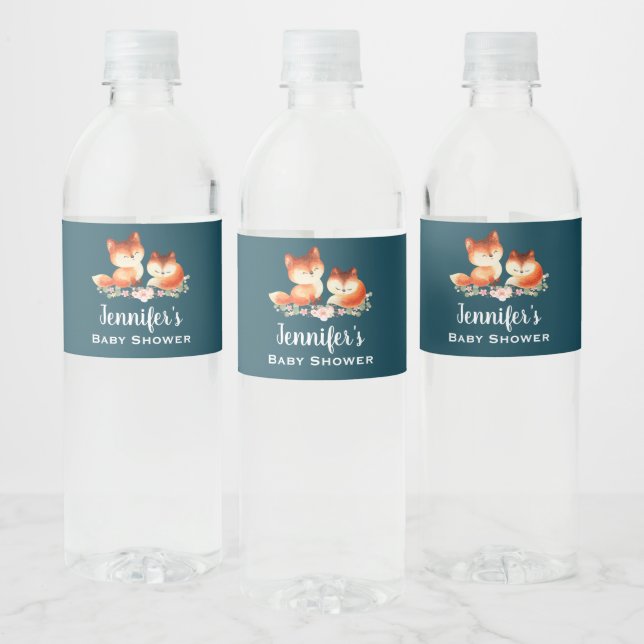 2 Cute Little Red Foxes Baby Shower  Water Bottle Label (Bottles)
