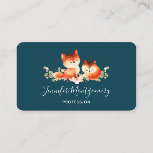 2 Cute Little Red Foxes Watercolor Design Business Card