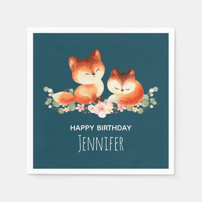 2 Cute Little Red Foxes Watercolor Design Napkin (Front)