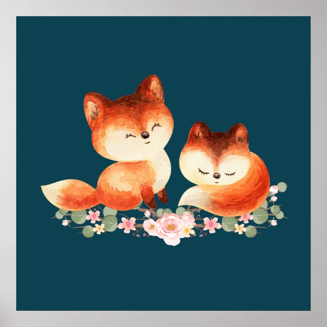 2 Cute Little Red Foxes Watercolor Design Poster (Front)