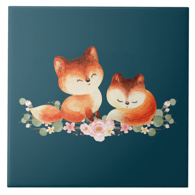 2 Cute Little Red Foxes Watercolor Design Tile (Front)