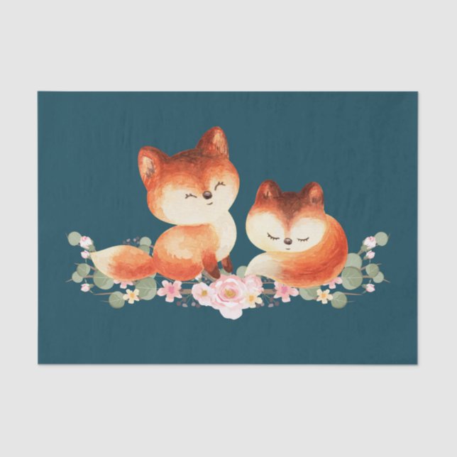 2 Cute Little Red Foxes Watercolor Design Tissue Paper (Front)