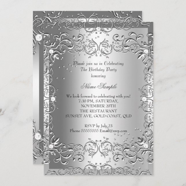 2 Diamond Silver Birthday Party Invitation (Front/Back)