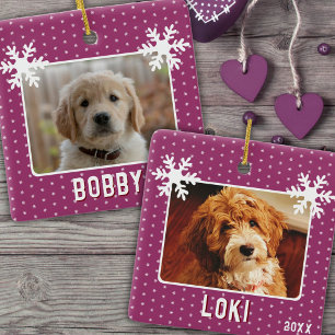 2 Dogs Pets Photos Snowflakes Purple Christmas  Ceramic Ornament