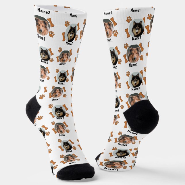 2 Dogs Photos 2 Names + Bones & Paw Prints - White Socks (Angled)