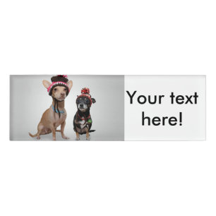 2 dogs with funny hats name tag