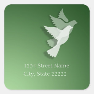 2 Doves of Peace Return Address Green Square Sticker