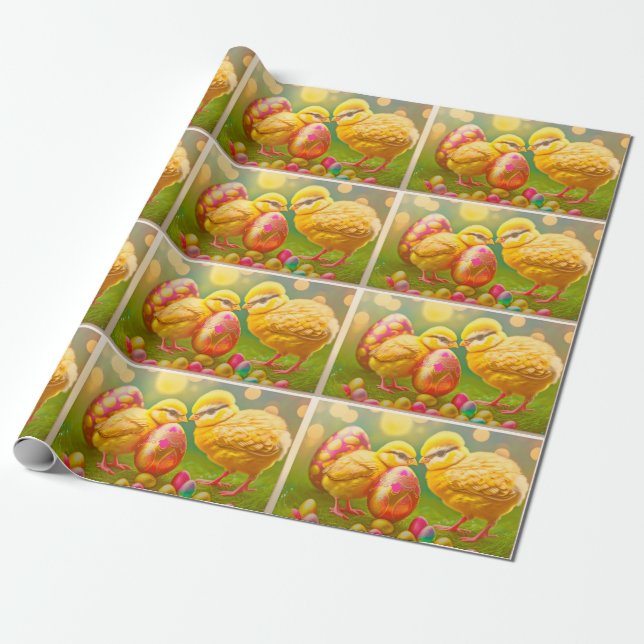 2 Easter Chicken And Eggs Collection Wrapping Paper (Unrolled)