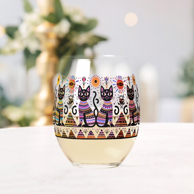 2 egypt cats with piramids stemless wine glass (Insitu (Wedding))