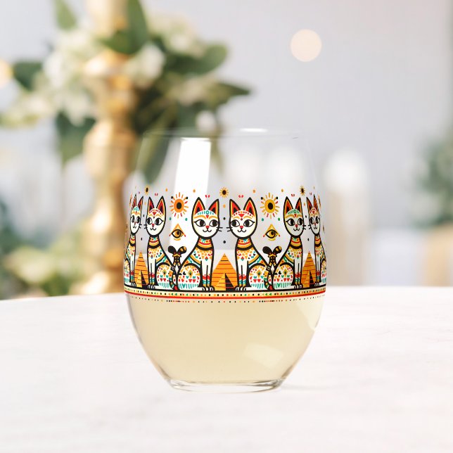 2 egypt cats with piramids stemless wine glass (Insitu (Wedding))