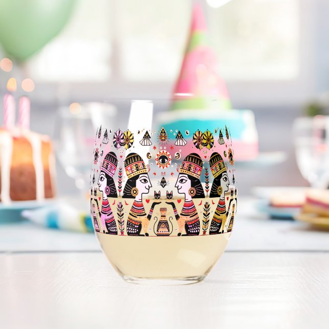 2 egyptians with cats and pyramids stemless wine glass (Insitu (Birthday))