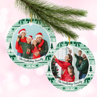 2 Family Photo Christmas Sweater Mint Green Ceramic Tree Decoration