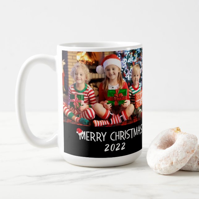 2 Family Photos Merry Christmas Santa Hat Coffee Mug (With Donut)