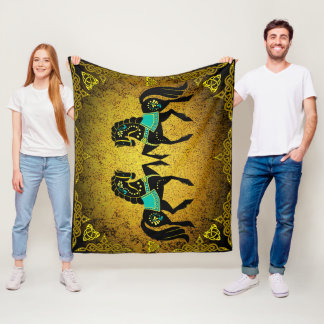 2 Folk black Friesian Viking heart gold/turquoise Fleece Blanket