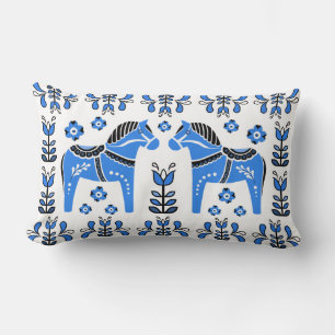 2 Folk Dala Horse/Folk floral, white/black/blue Lumbar Cushion