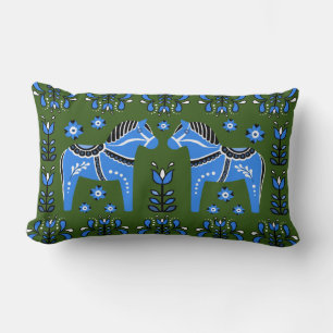 2 Folk Dala Horse/Folk floral, white/green/blue Lu Lumbar Cushion