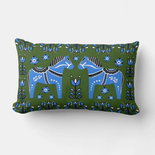 2 Folk Dala Horse/Folk floral, white/green/blue Lu Lumbar Cushion (Front)