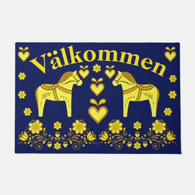 2 Folk Dala horse, gold/navy Valkommen, welcome Doormat (Front)