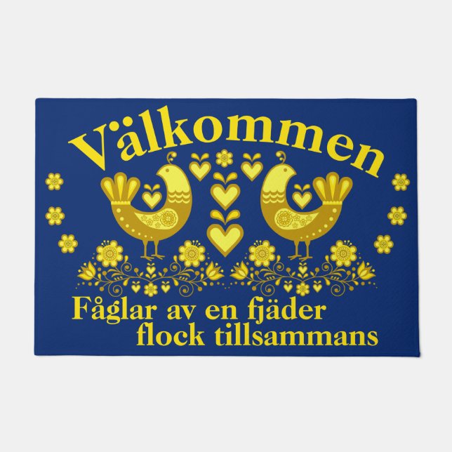 2 Folk Fåglar av en fjäder, Valkommen, gold/blå Doormat (Front)