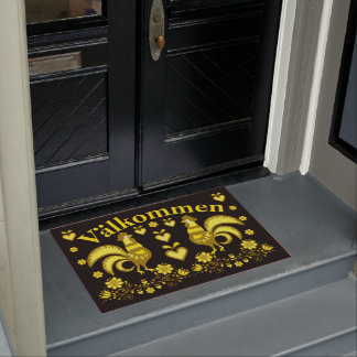 2 Folk Roosters, gold/black  Valkommen, welcome Doormat