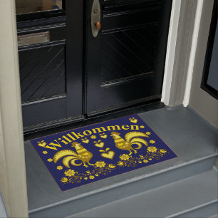2 Folk Roosters, gold/blue  Willkommen, welcome Doormat