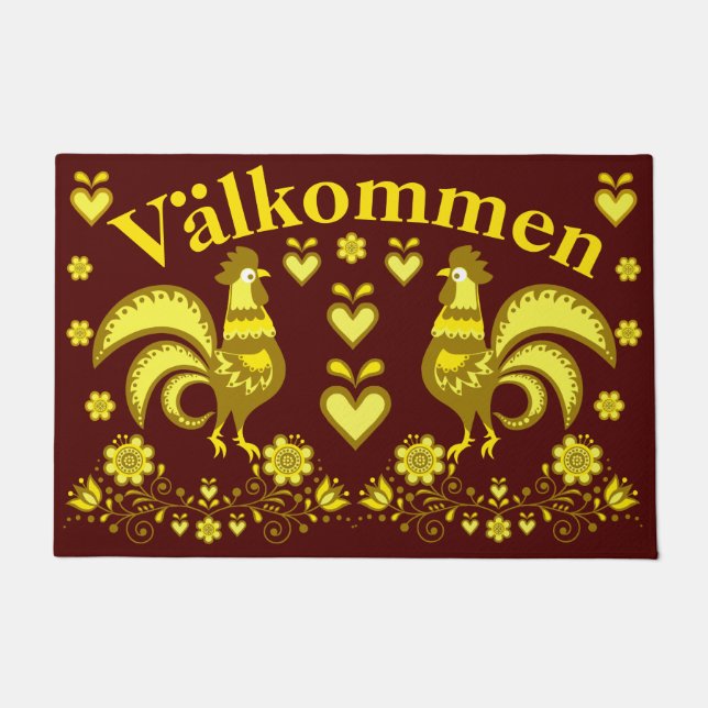 2 Folk Roosters, gold/red  Valkommen, welcome Doormat (Front)