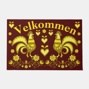 2 Folk Roosters, gold/red  Velkommen, welcome Doormat