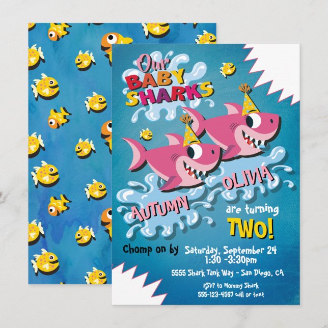 2 Girl Sharks Baby Birthday Party invitation (Front/Back)